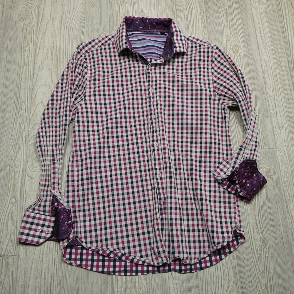 Michelsons London Mens Large Gingham Check Button Down Shirt Purple‎ Navy Cotton